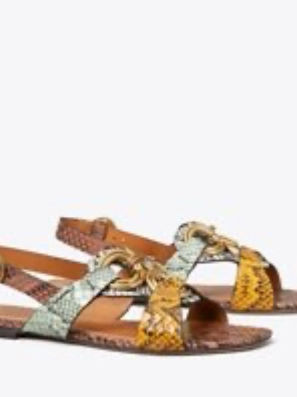 Tory Burch Multi-Color Snake Print Flat Sandals with Gold Chain